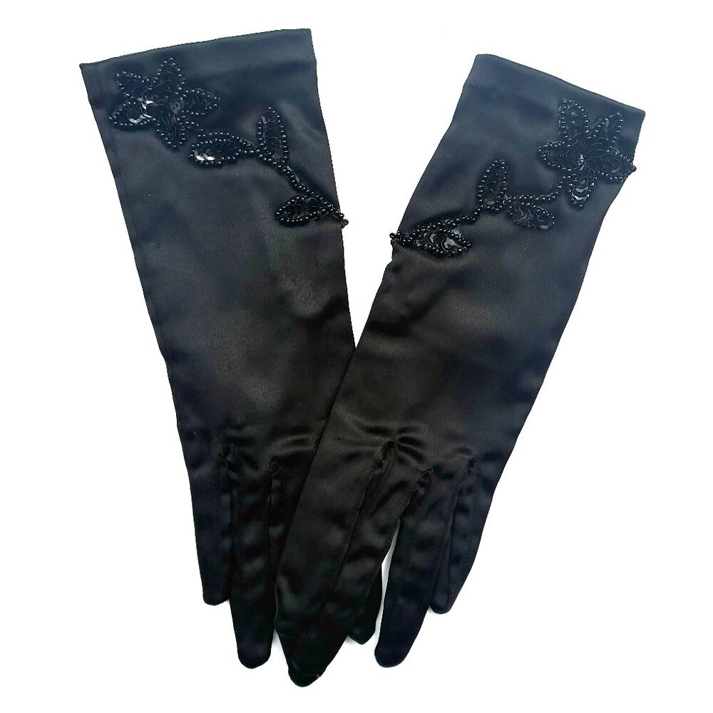 VTG Women’s Black Beaded Satiny Evening Gloves, Button Closure, Small